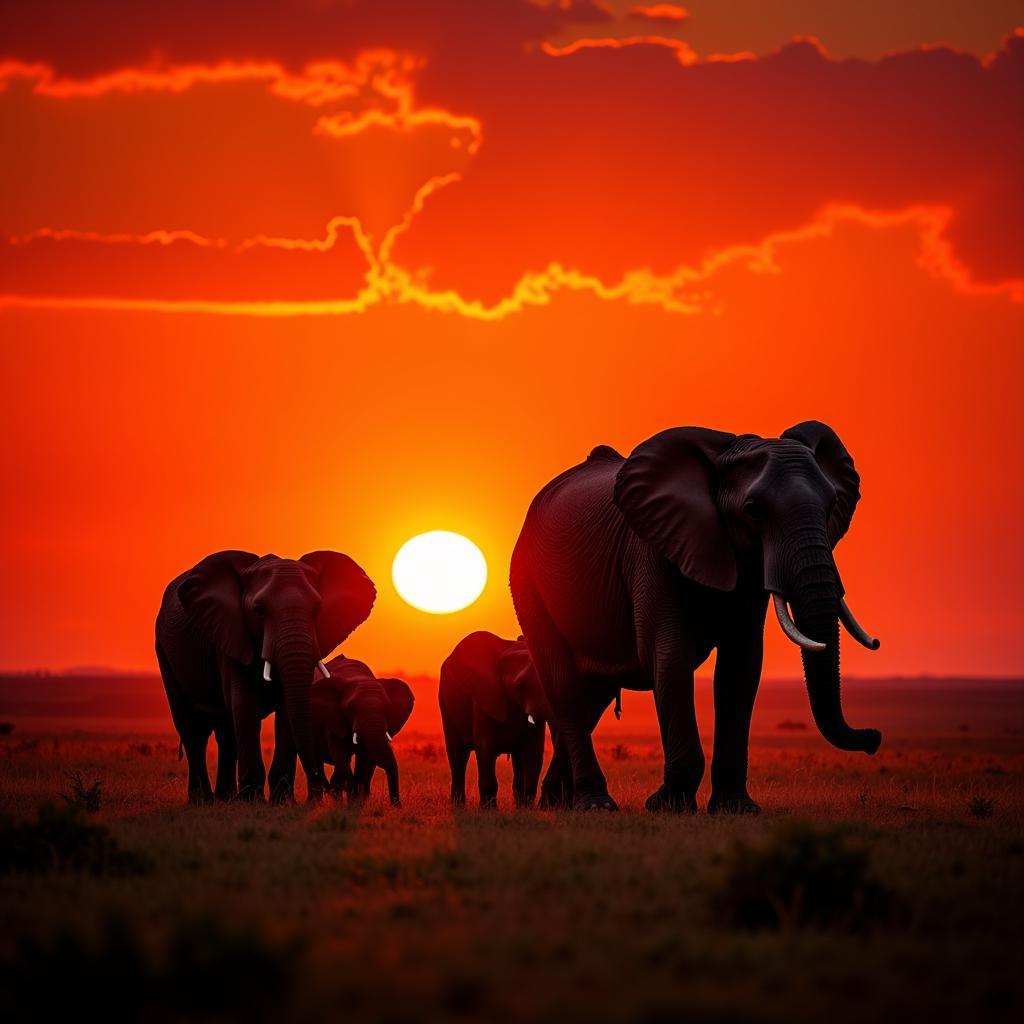 African elephants silhouetted against a vibrant sunset in 4k resolution