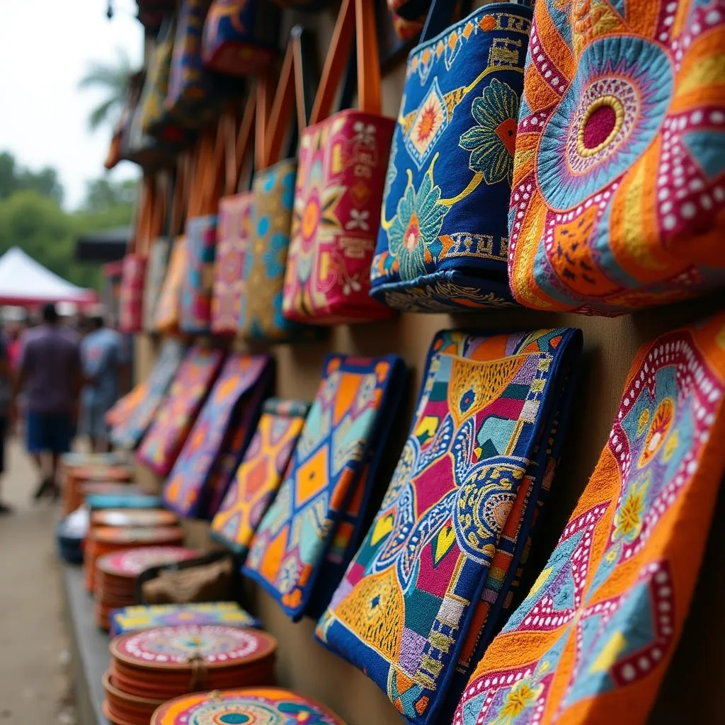 A vibrant display of African embroidery designs at a local craft market