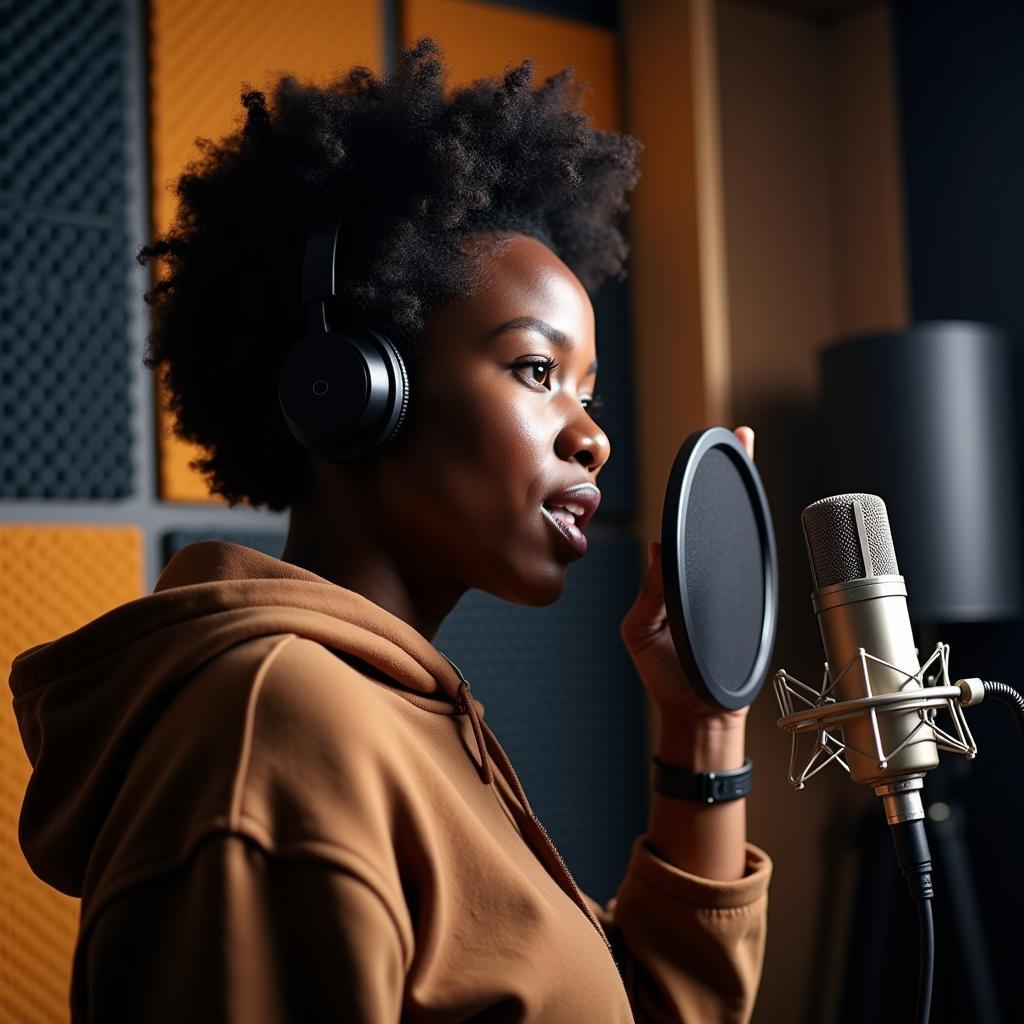 African English Voice Over Artist Recording in Studio