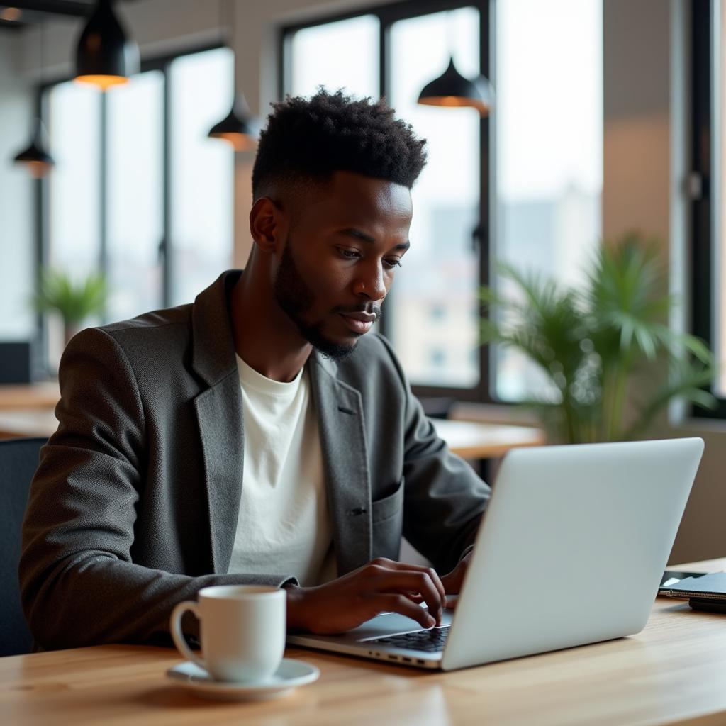 A young African entrepreneur working on a laptop in a bright, modern office space.