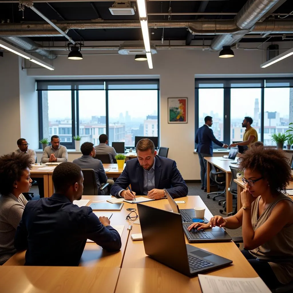 African entrepreneurs working in modern office