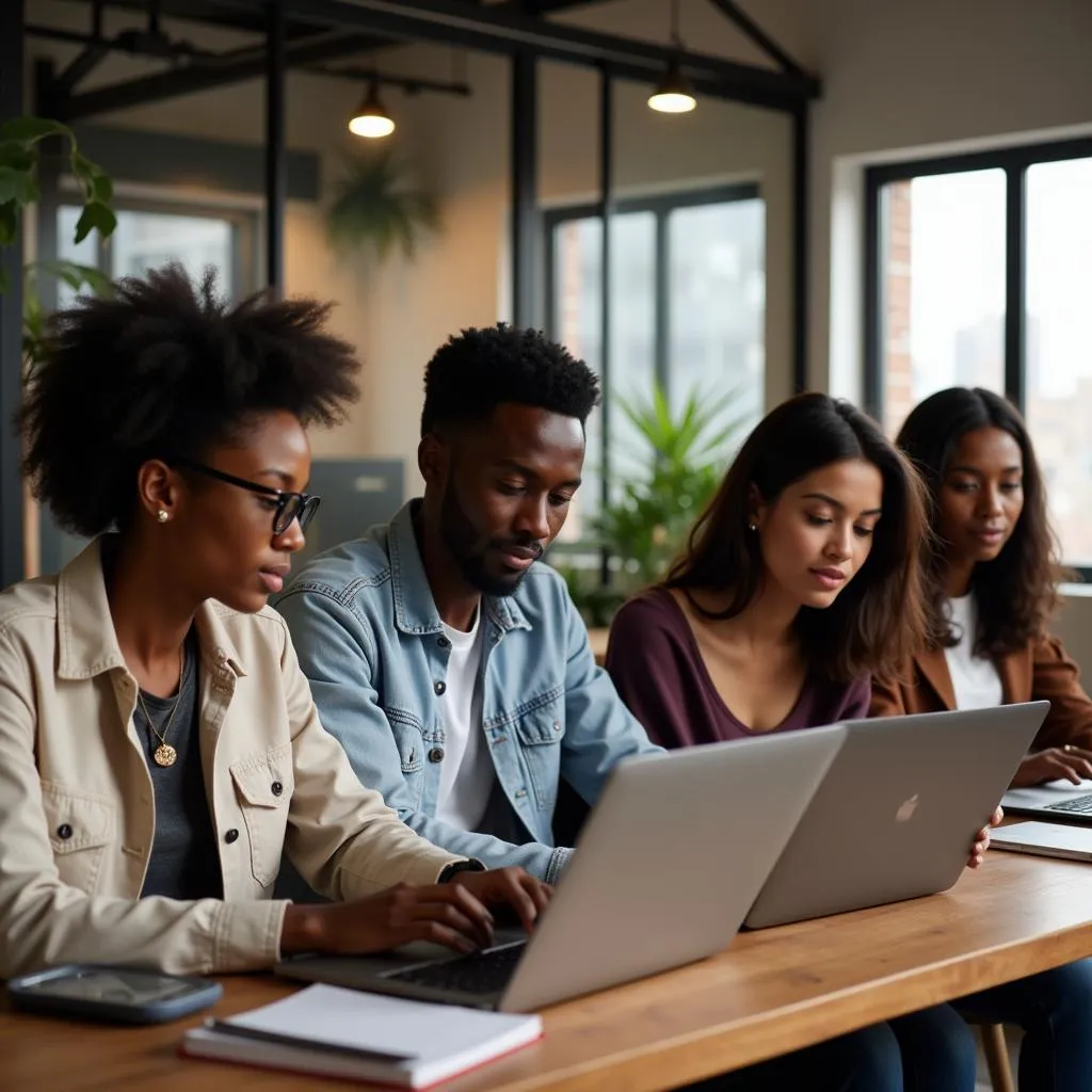 Group of young African entrepreneurs collaborating on a project using laptops