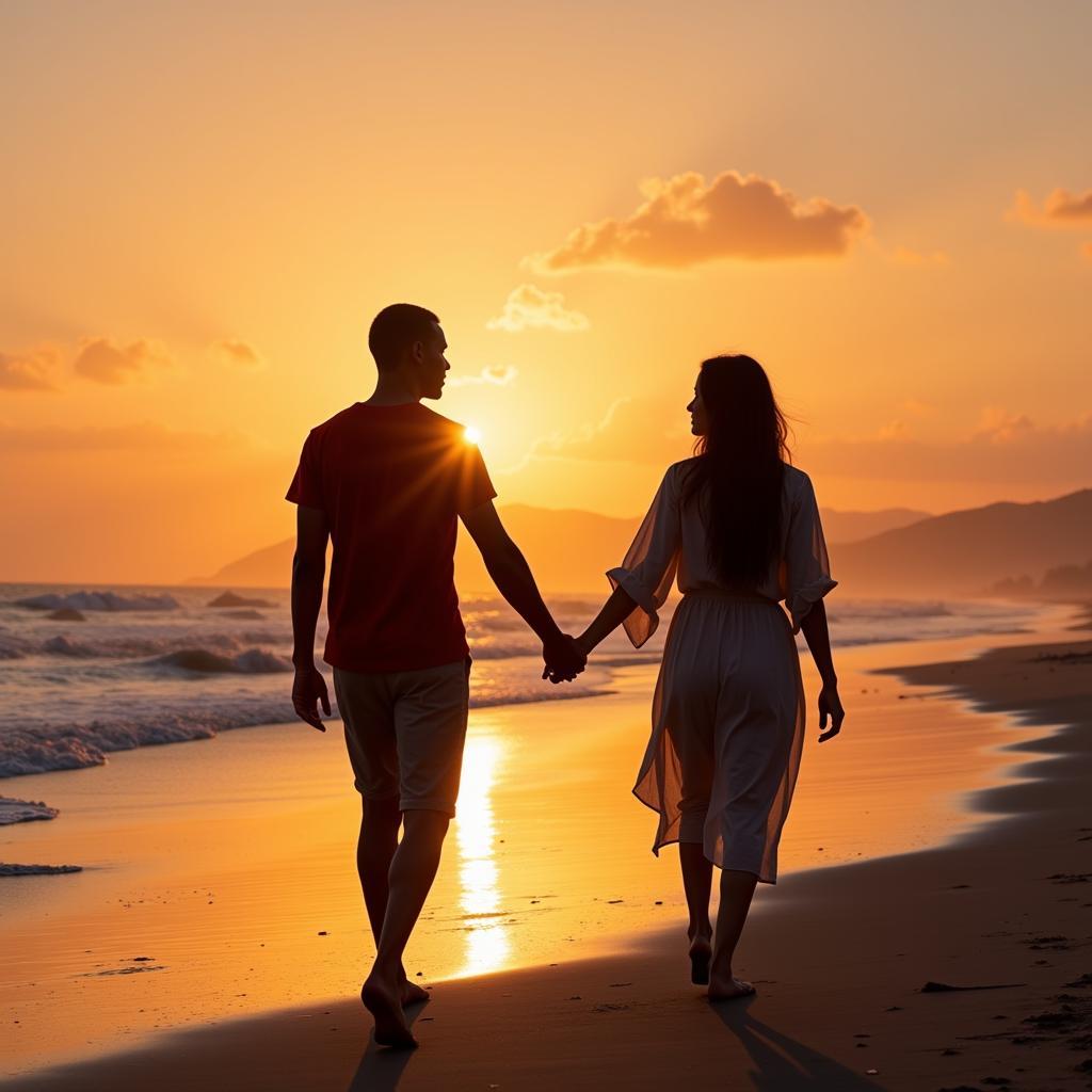 Couple holding hands walking on the beach