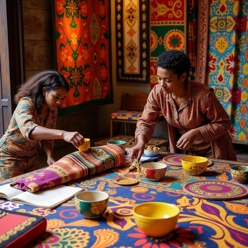 Team setting up traditional African decor for an event