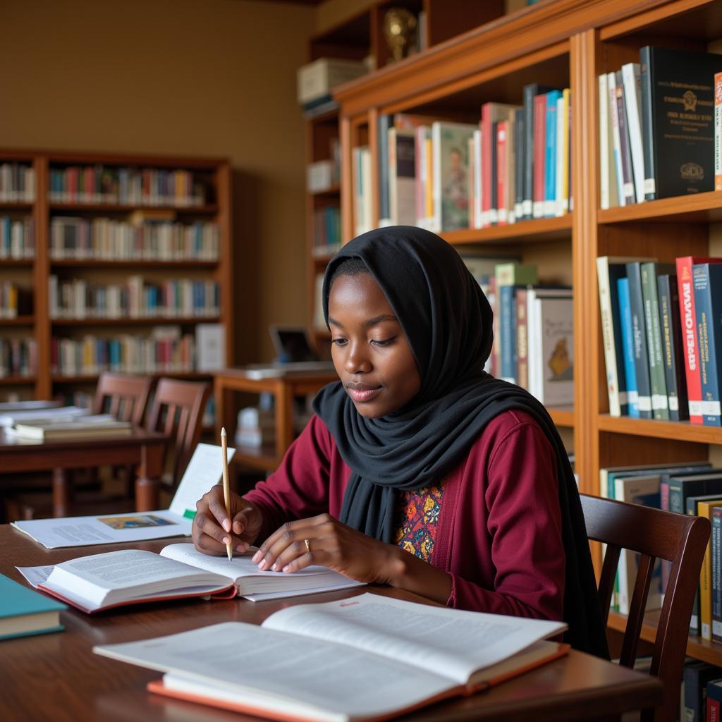 African Exchange Student Studying in a Library