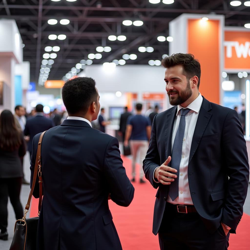 Attendees networking at a trade show in Africa