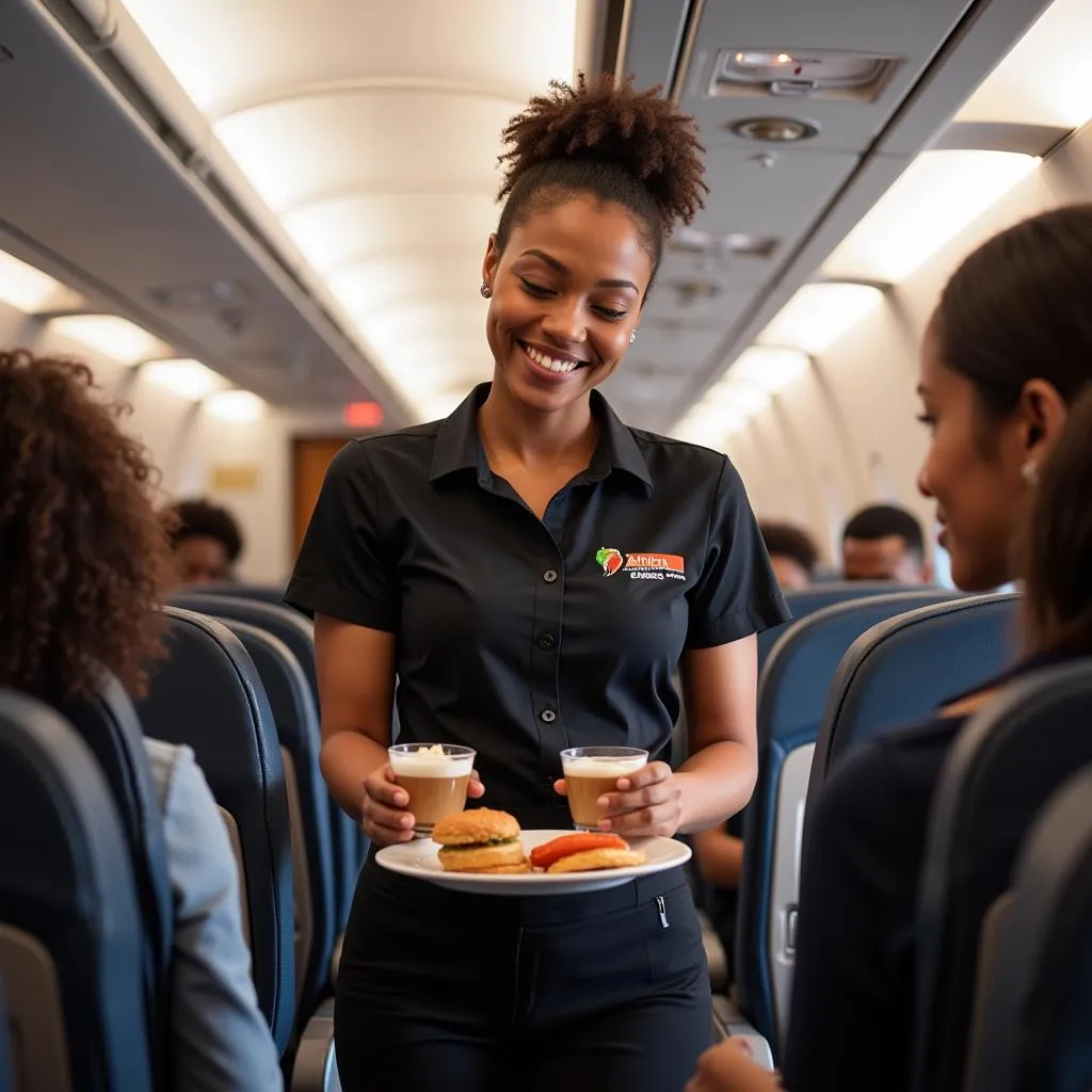 African Express Airways cabin crew serving passengers