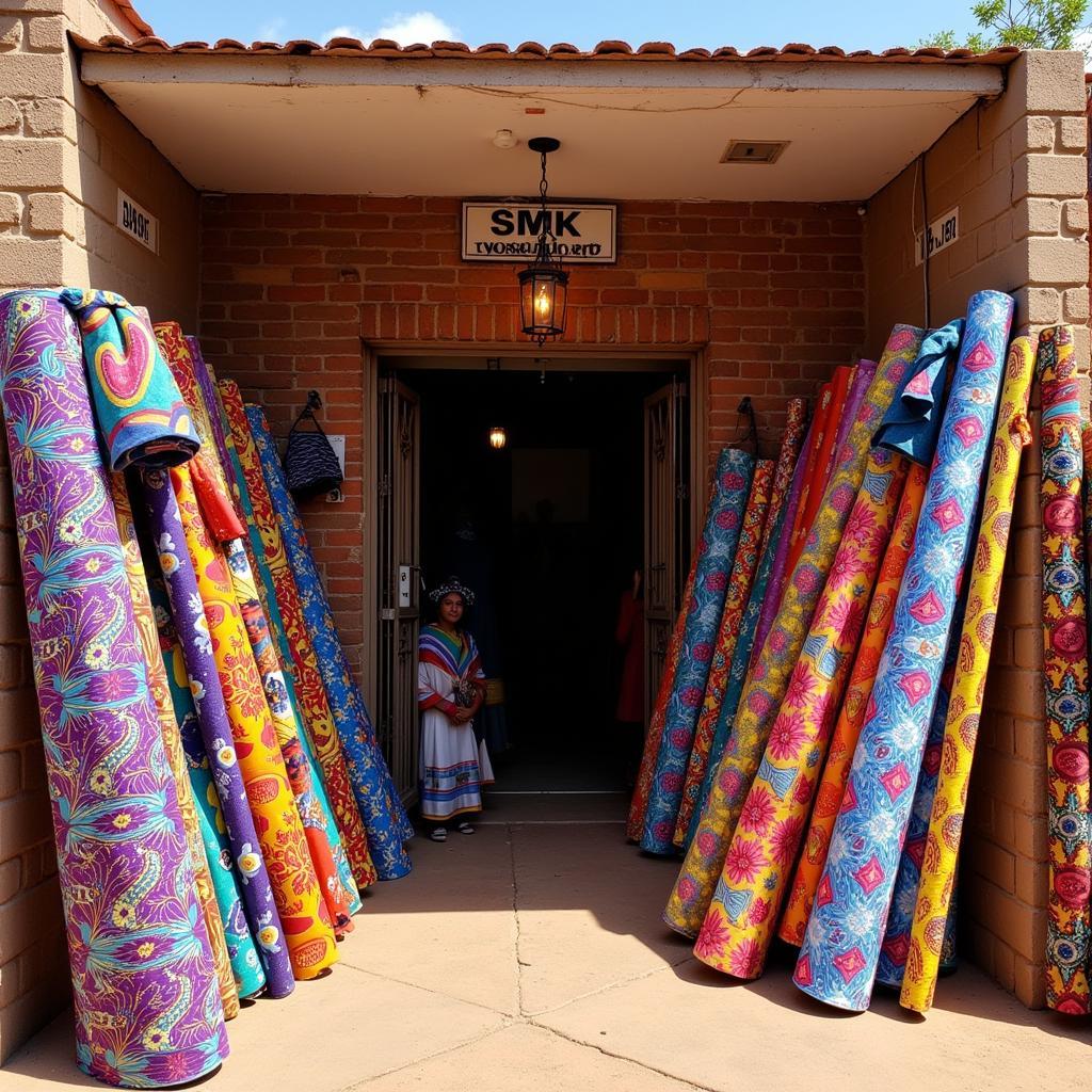 Exterior of an African Fabric Depot with Colorful Display