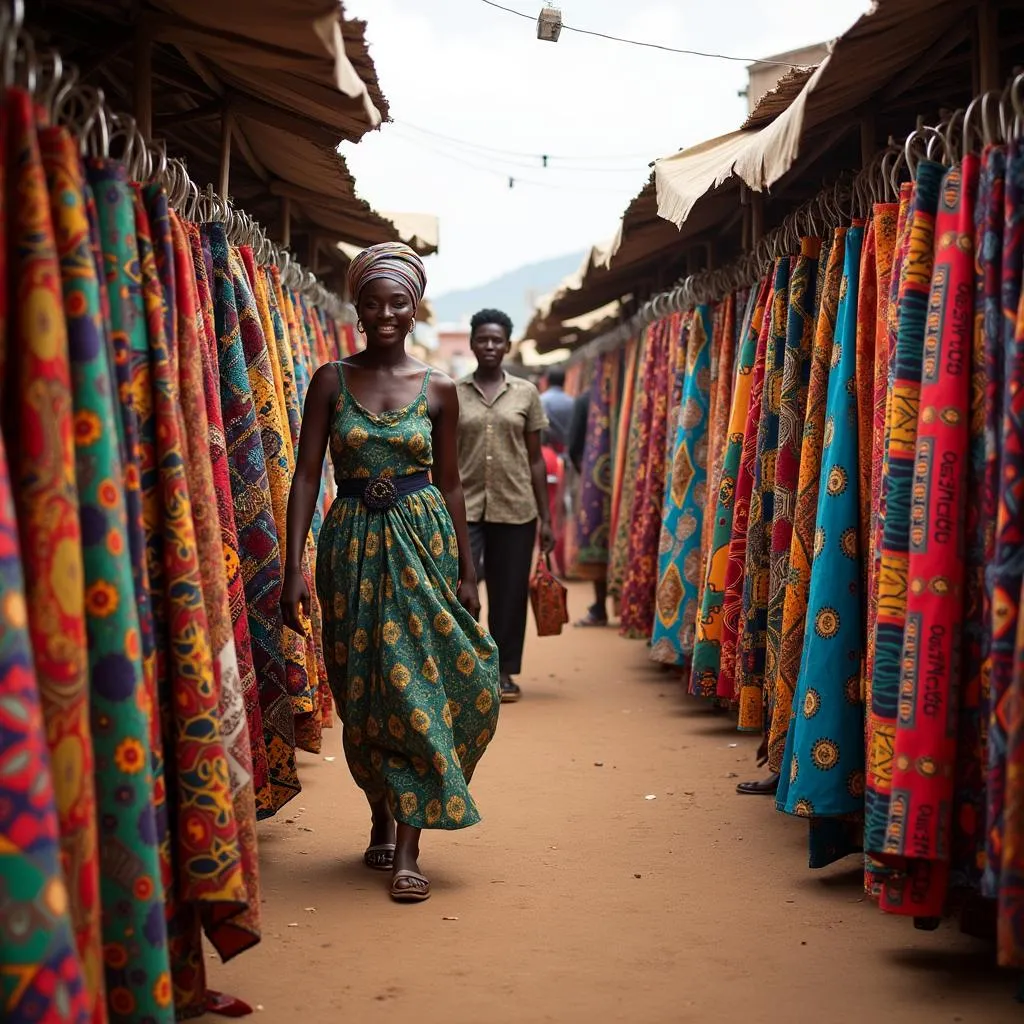 Vibrant African Fabrics on Display at a Bustling Market