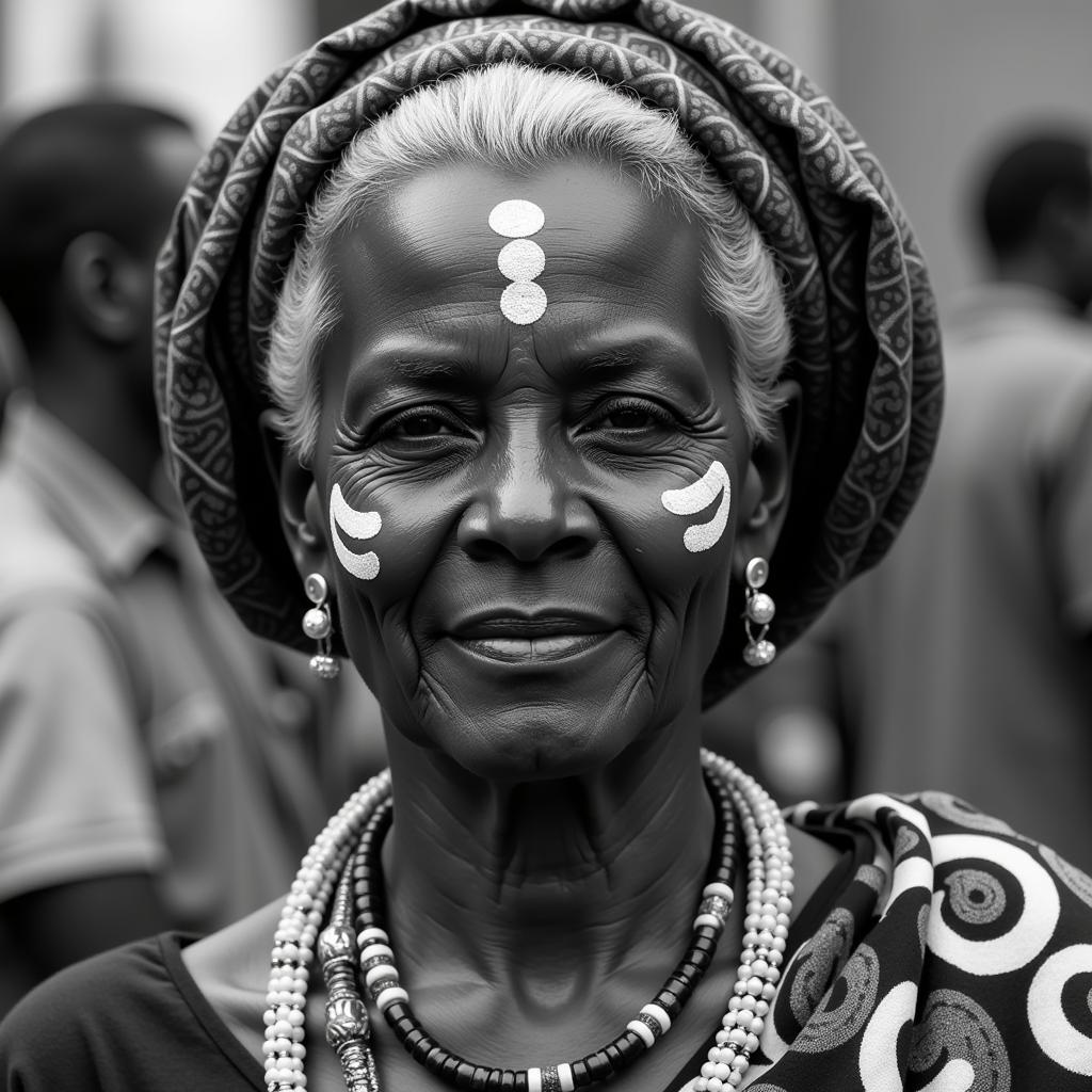 African woman with face dots participating in a traditional ceremony