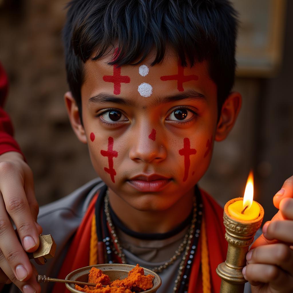 A young man with red and white dots on his face participating in a ritual