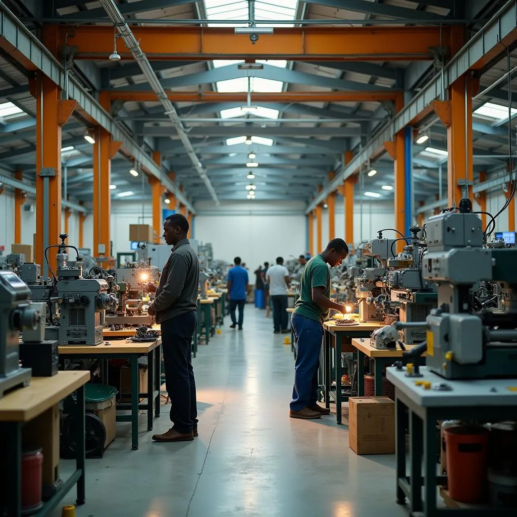 Modern factory in Africa with workers operating machinery