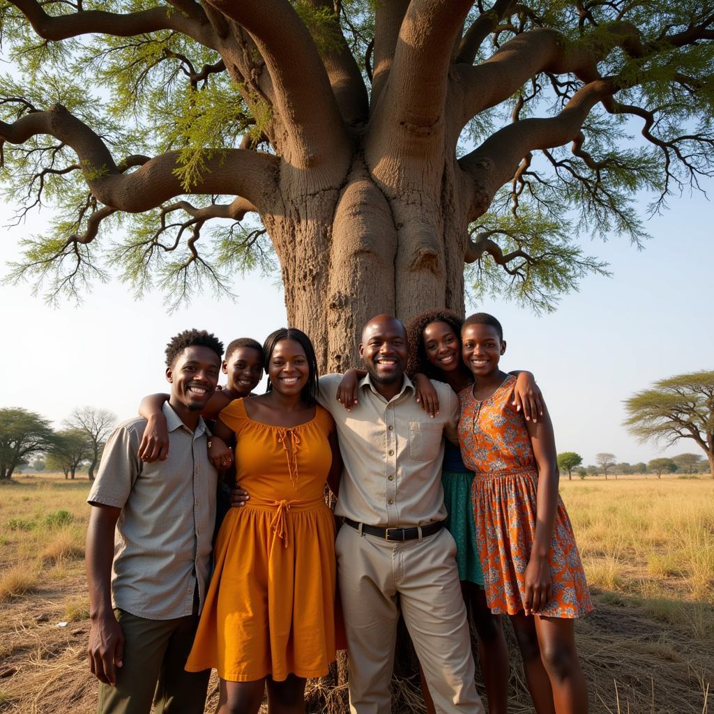 Happy African Family Smiling by a Baobab Tree