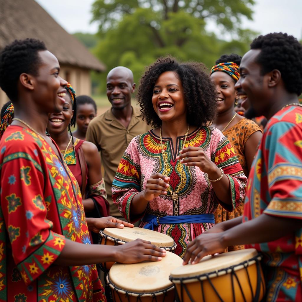 An African family celebrating a special occasion with traditional dance and music