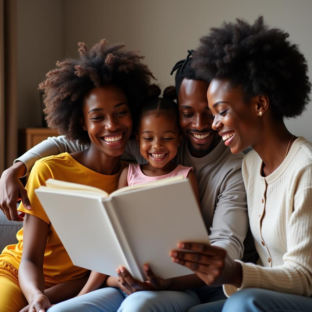 African family choosing a baby name from a book