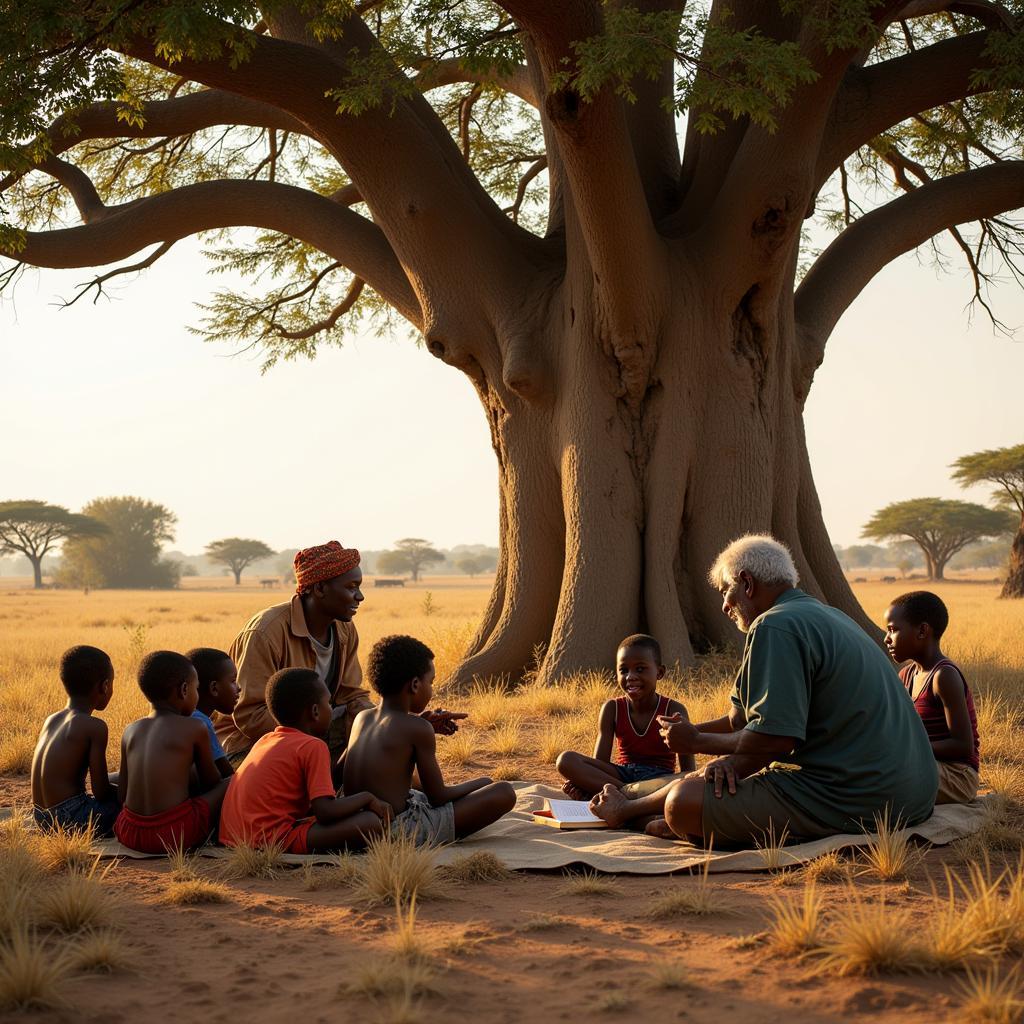 Elders sharing stories with children in an African village