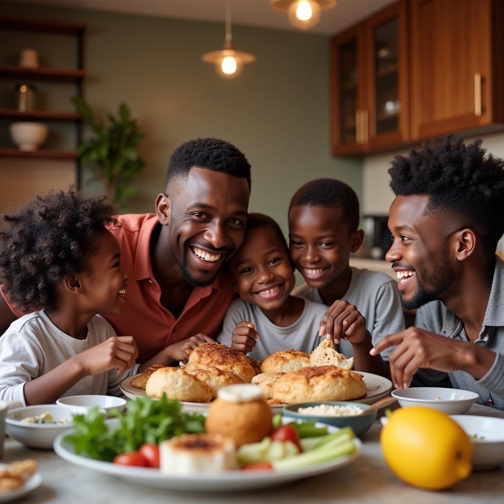 A happy African family sharing a meal together