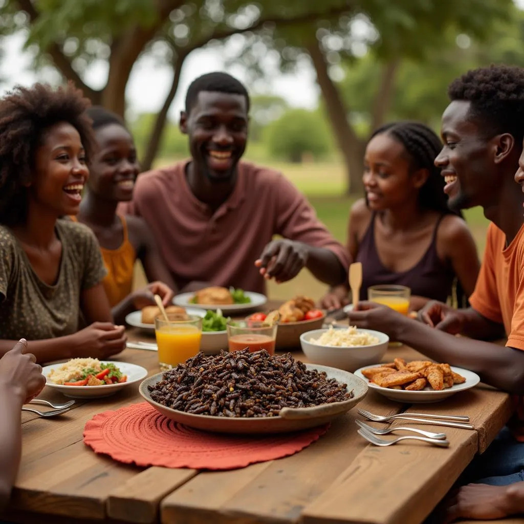 Family meal with roasted termites