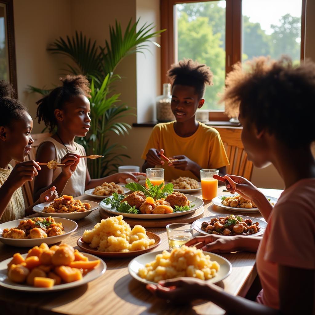 African Family Sharing a Meal with Cassava Dishes