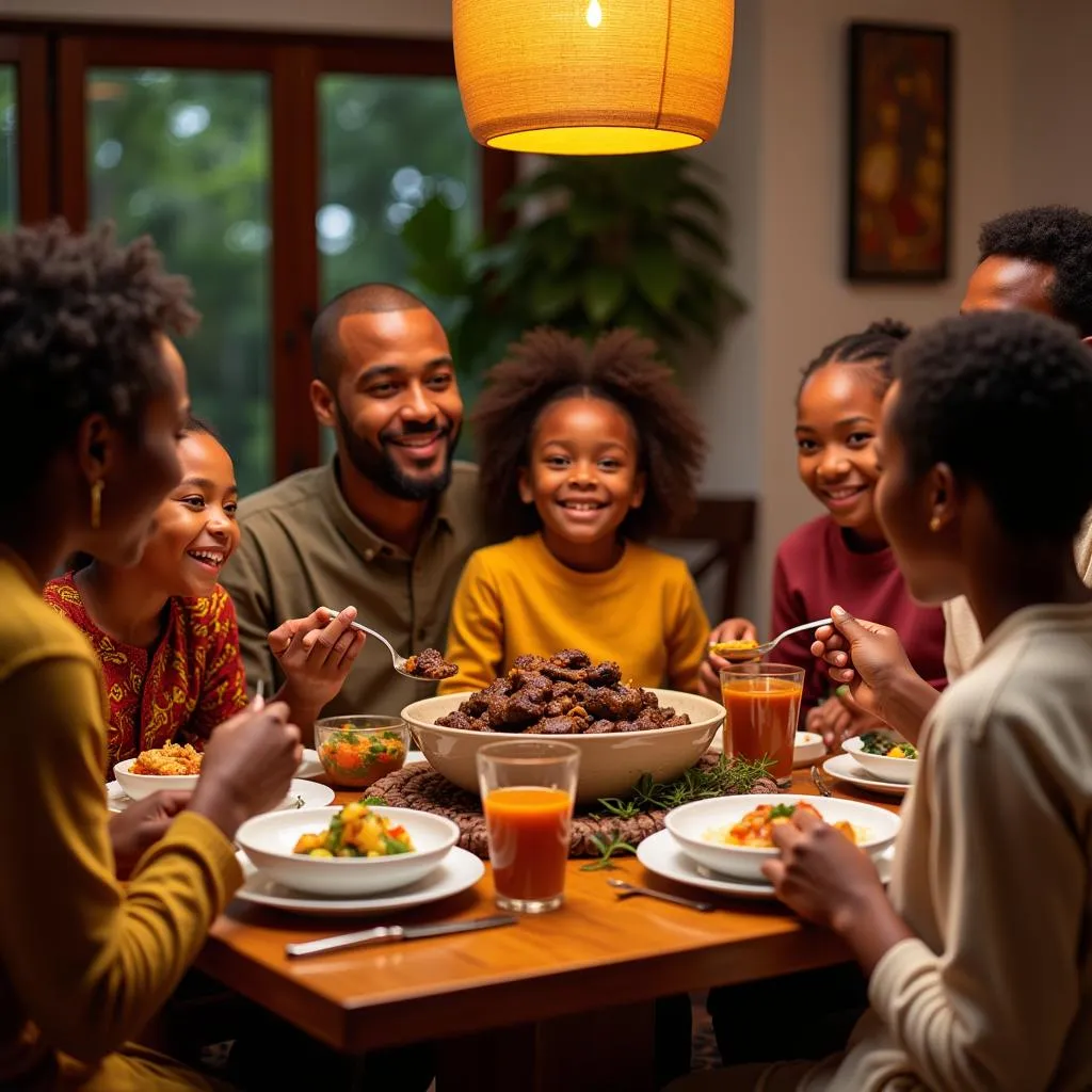 A family enjoying a traditional meal of African lamb stew.