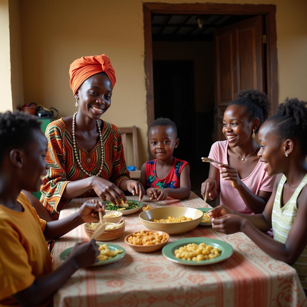 An African family enjoying a traditional meal together.