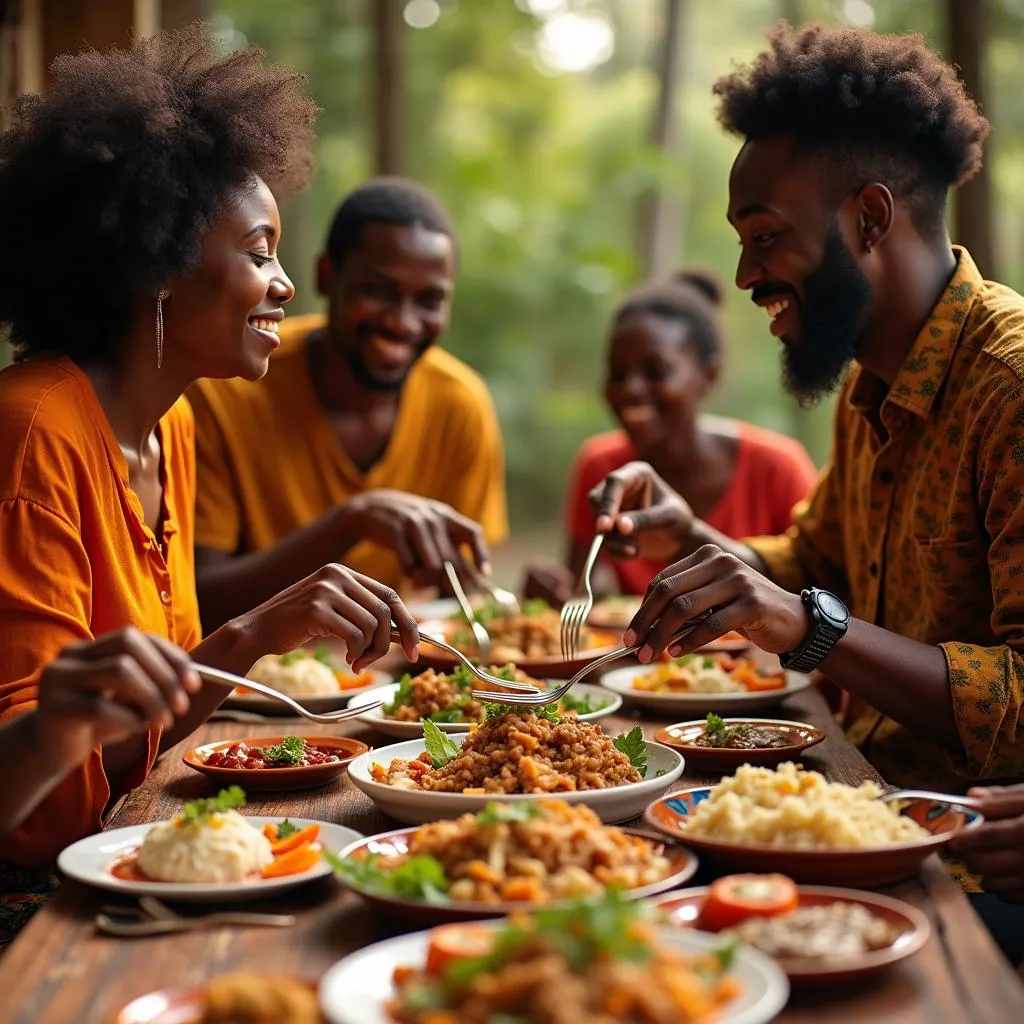 African family forking a meal together