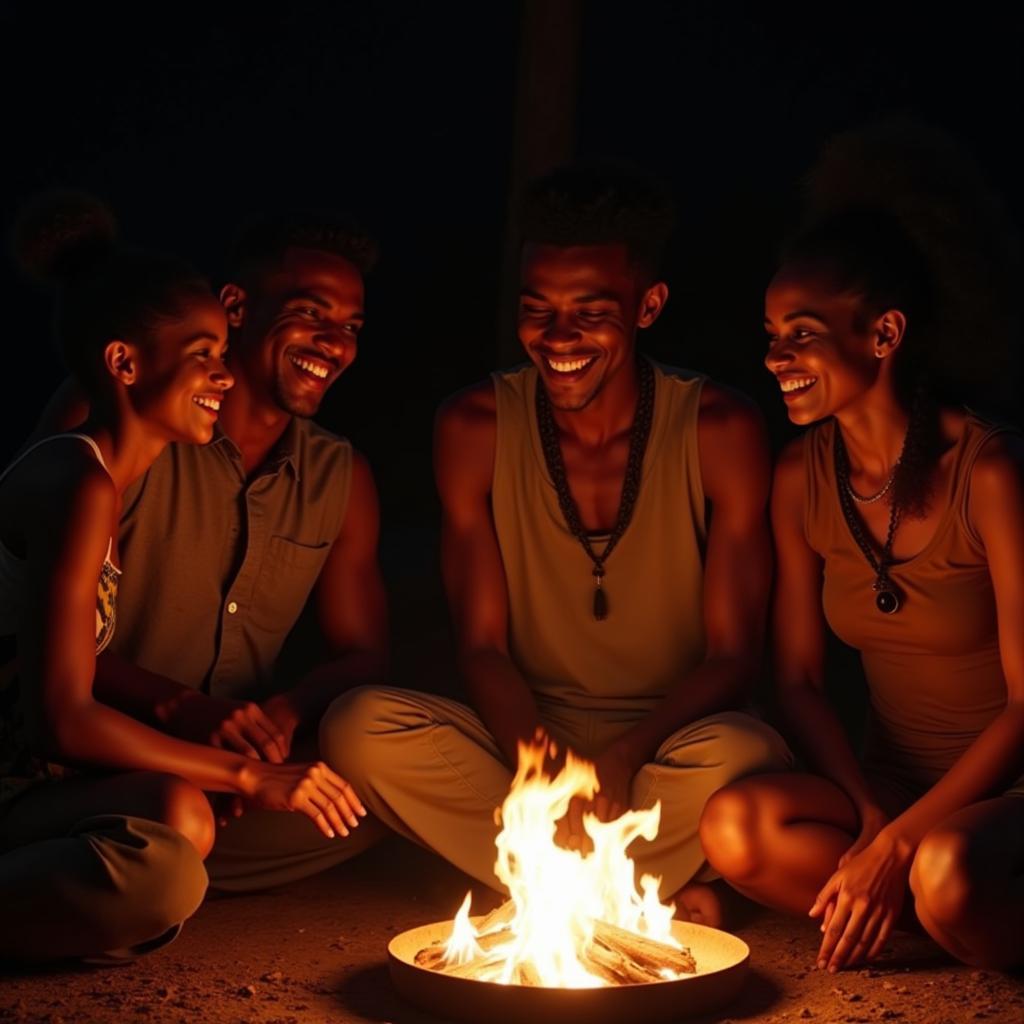 African Family Gathered Around Bonfire