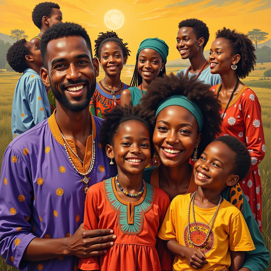 A vibrant painting of a multi-generational African family gathering for a celebration