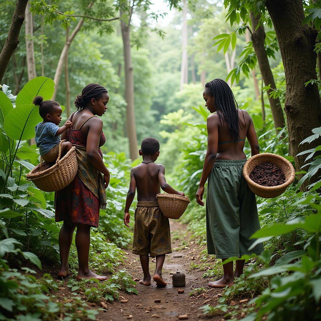 African Family Gathering Food in the Jungle