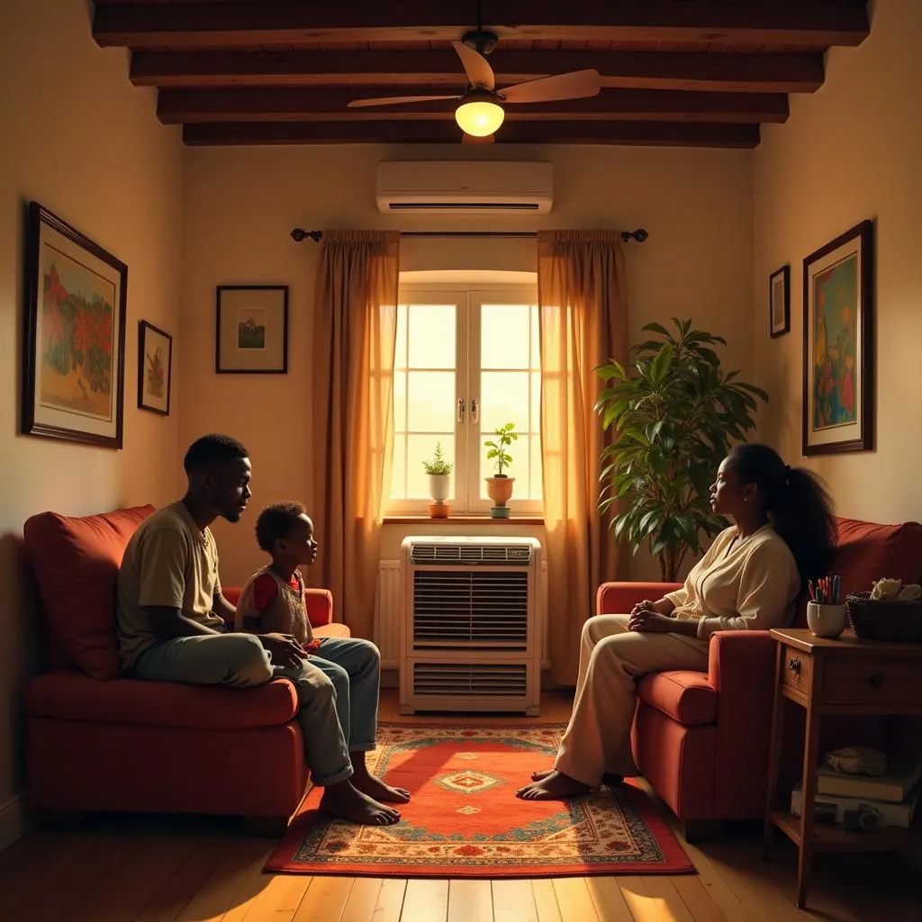 An African family relaxes in their living room, cooled by an air conditioner