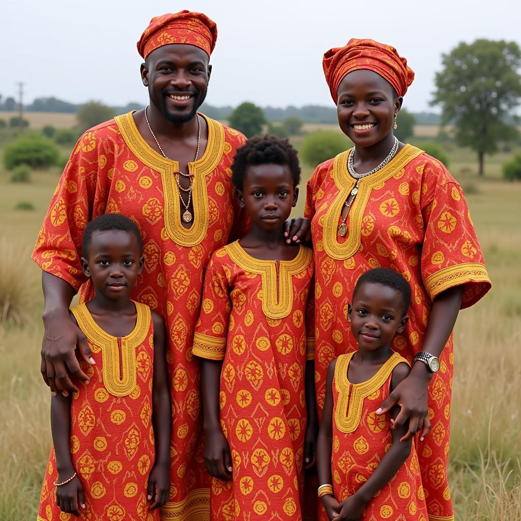 An African family dressed in traditional attire, including flowing pants