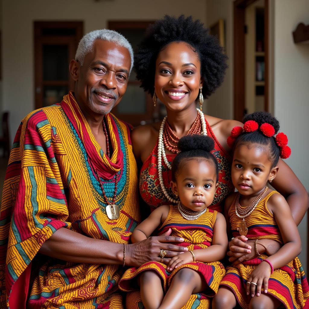 Family dressed in Kente cloth at a traditional ceremony