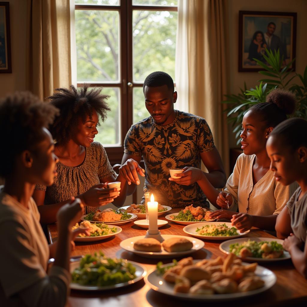 An African family sharing a traditional meal together