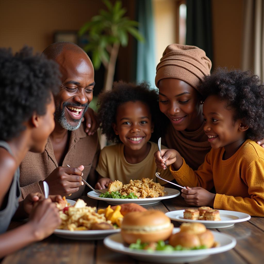 A large African family enjoying a meal together