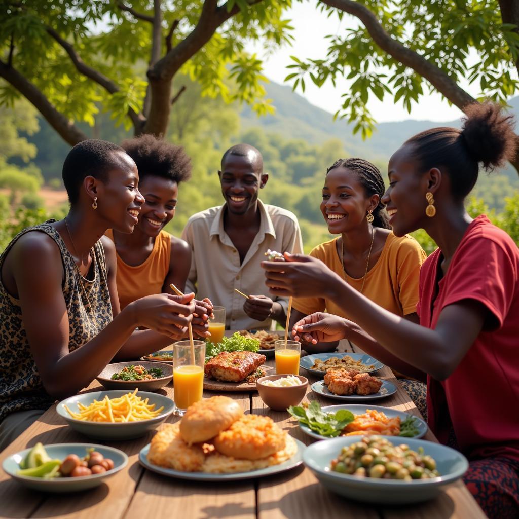 A Happy African Family Enjoying a Meal Outdoors