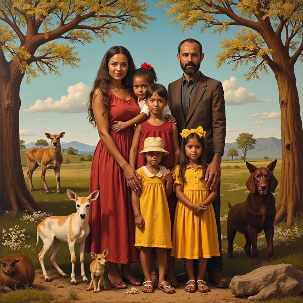 An African family portrait incorporating symbolic elements like animals and geometric patterns