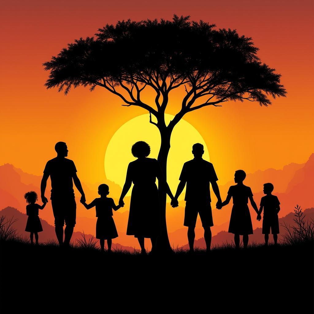 Silhouette of African Family Holding Hands Around a Tree at Sunset