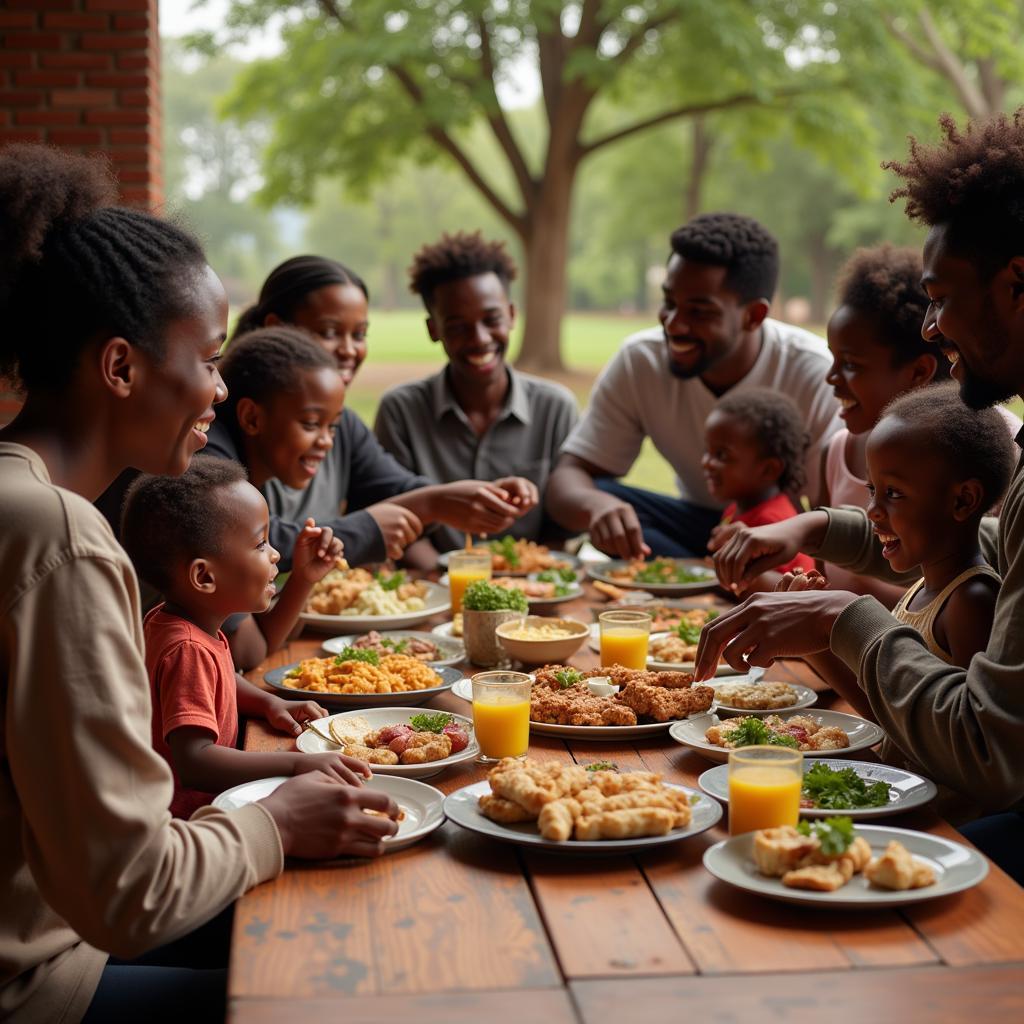 An African family sharing a meal together, faces beaming with happiness