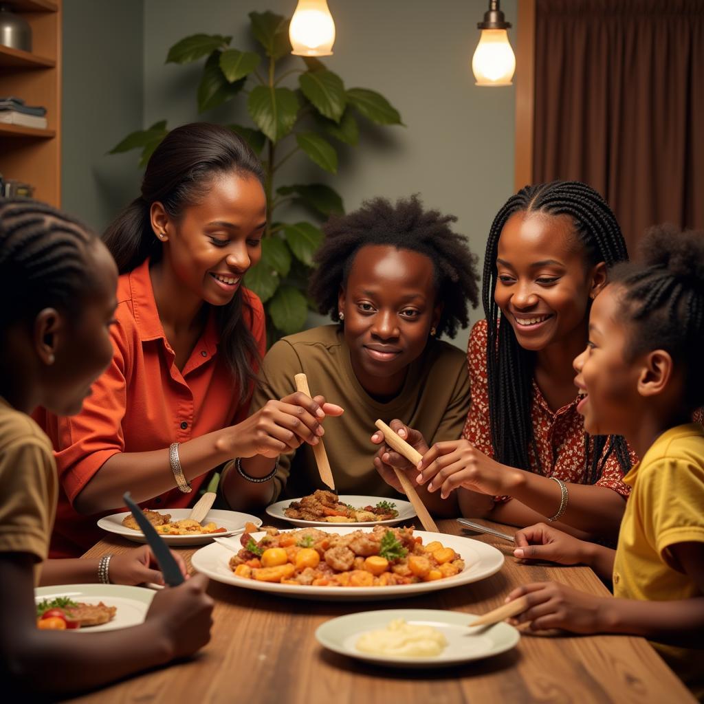 Family Sharing a Meal with Brown Knives