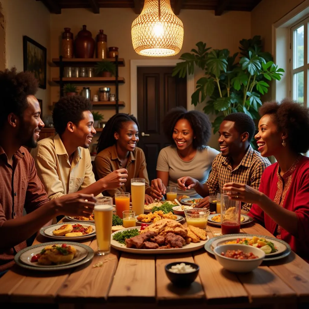 African family sharing a meal with guests