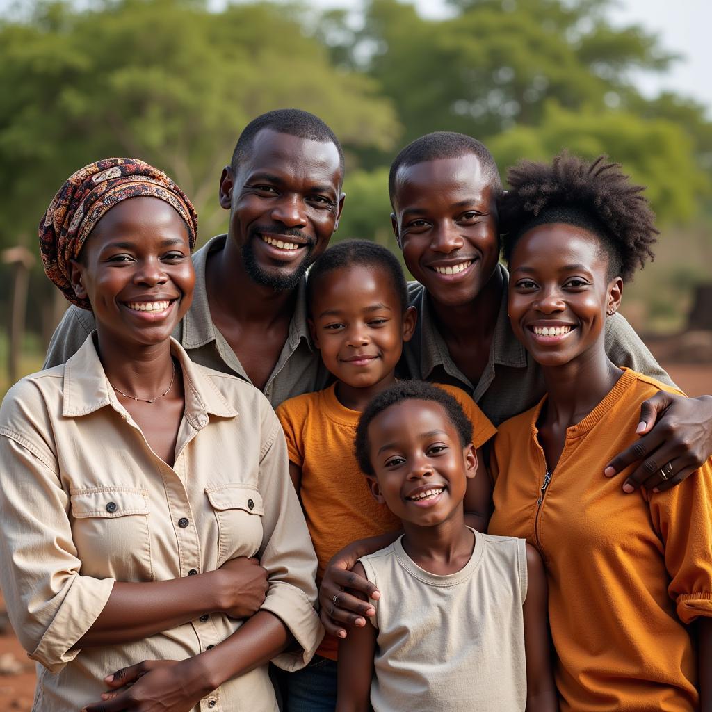 A multi-generational African family, radiating joy and unity, stands together in their village