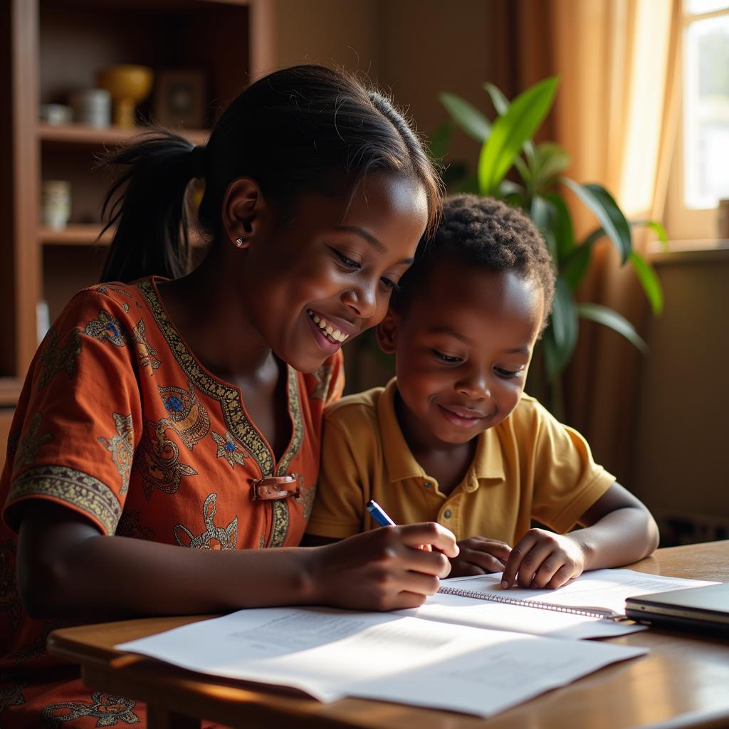 A family sitting together in their home, with the children reading books and the parents providing guidance