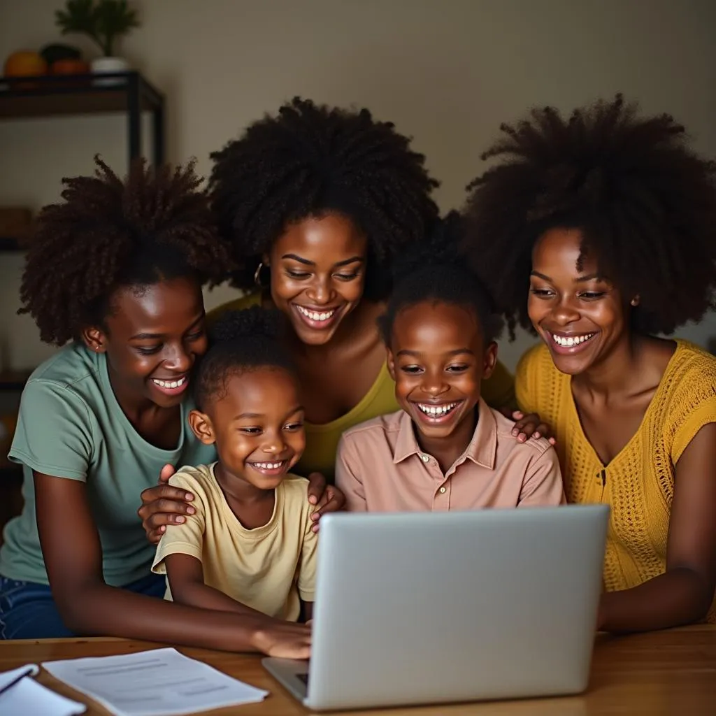 A multi-generational African family looking at a DNA test result with smiles