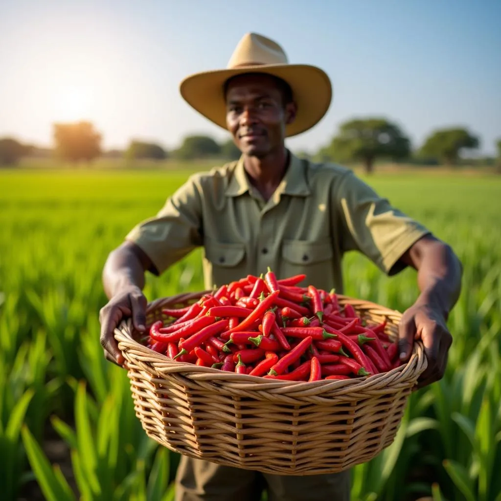 African Farmer Harvesting Chili Peppers