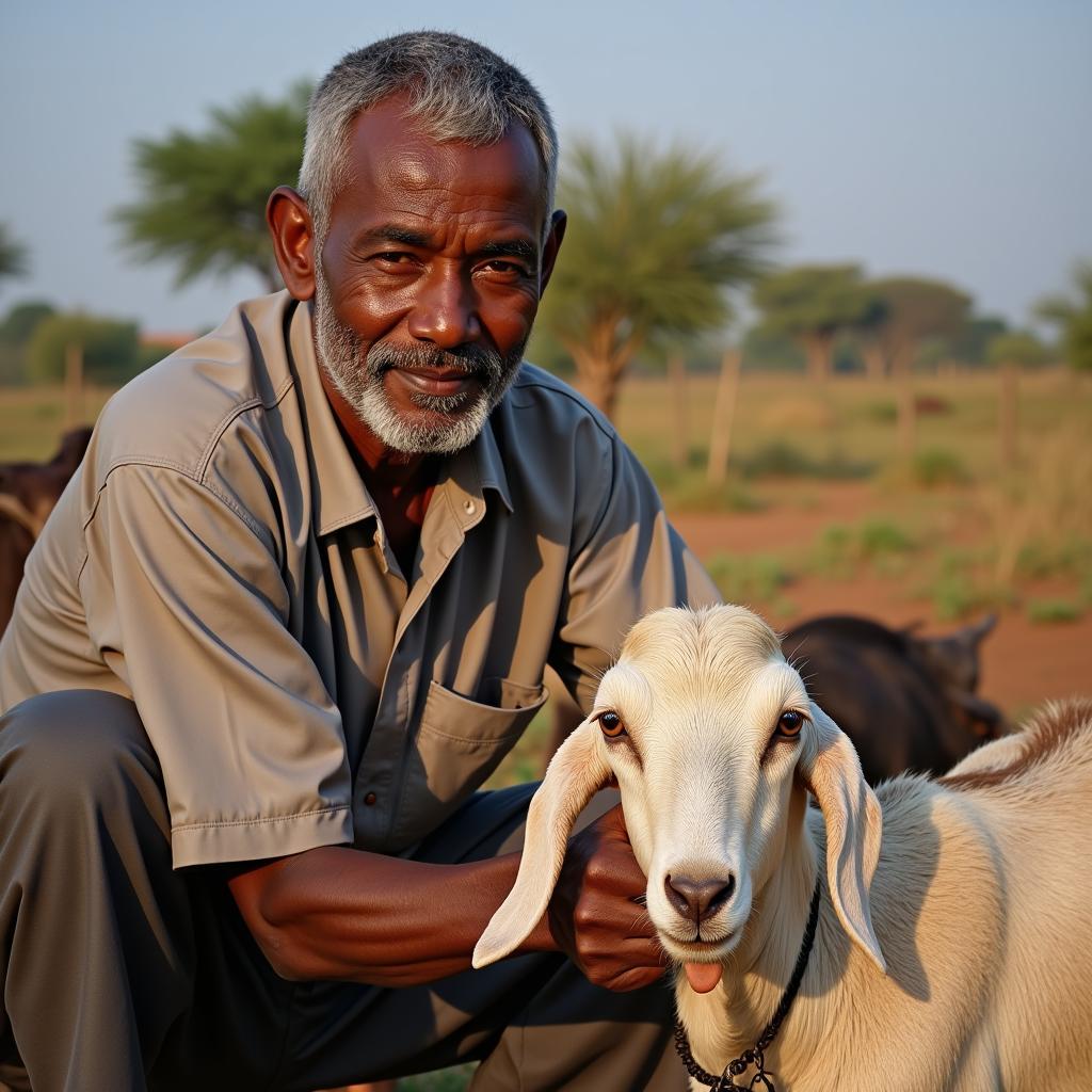 An African farmer diligently milking a goat