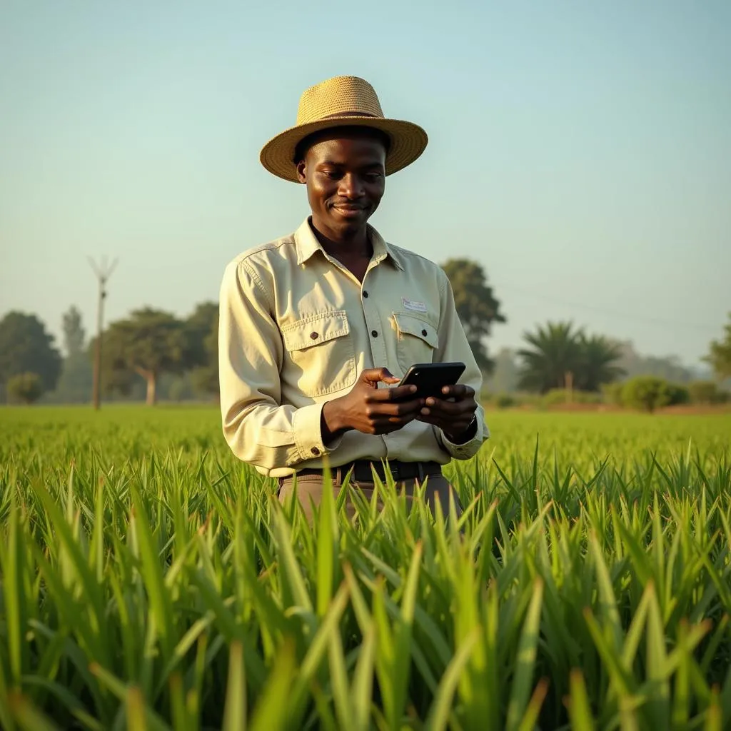 An African farmer in a field using a mobile phone for banking