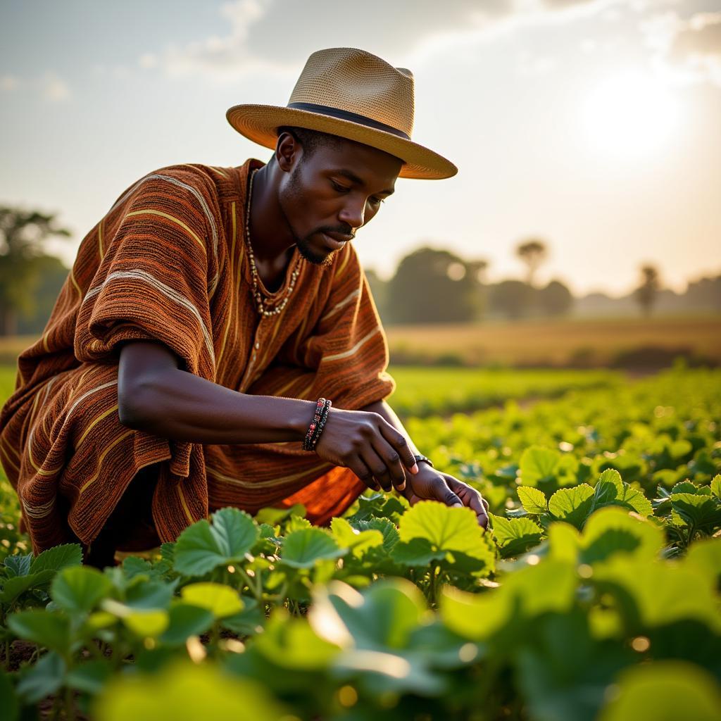 African Farmer Examining Crops in Field