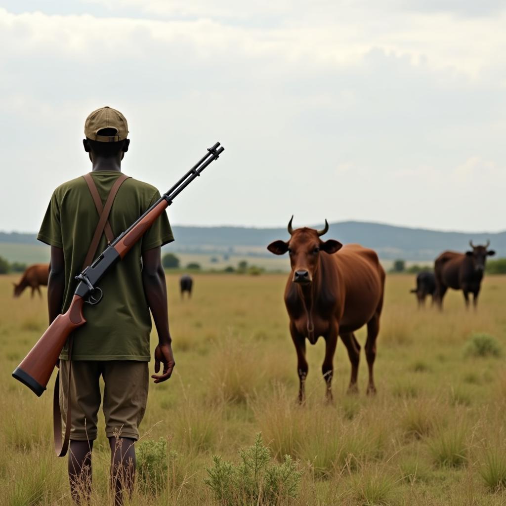 Rural Farmer Protecting Livestock with Rifle