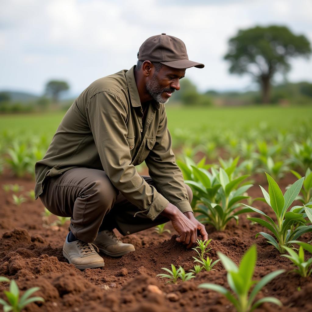 African Farmer Tending to Soil