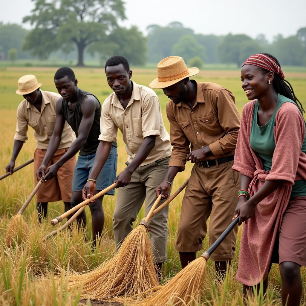 Farmers harvesting crops in a traditional African hamlet